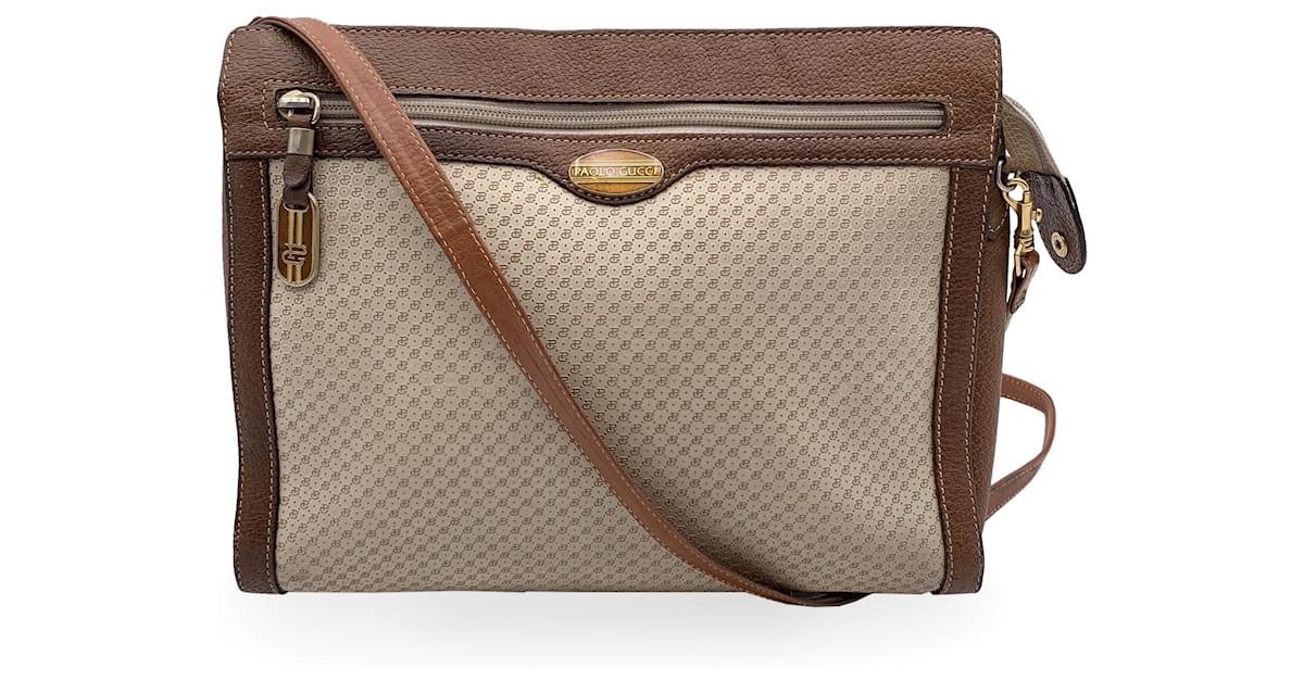 Gucci Paolo Vintage Beige Monogram Vinyl and Leather Shoulder Bag Cloth ref.1305445 Joli Closet