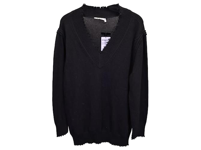 T by Alexander Wang Distressed V-Neck Sweater Dress in Black Cotton (Sold)  - Joli Closet