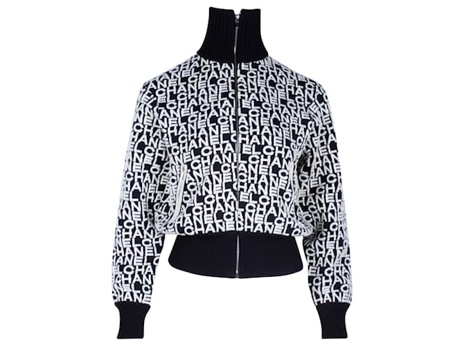 Chanel Logo-Print Bomber Jacket in Black and White Wool ref