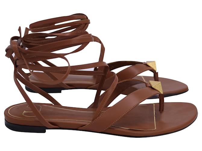 Valentino Garavani Roman Stud Flat Sandals in Brown Leather Pony