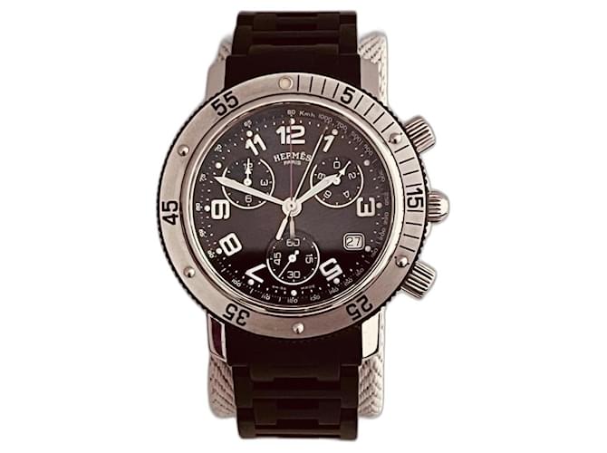 Hermès Clipper Chronograph Steel and Black Rubber Watch ref