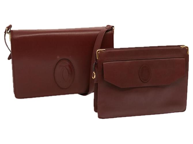 CARTIER Clutch Bag Shoulder Bag Leather 2Set Wine Red Auth 68345