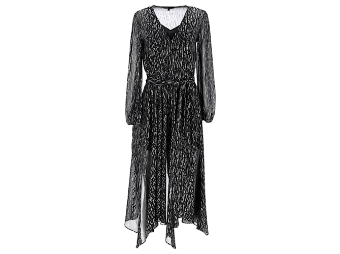 Maje Route Gathered Metallic Georgette Midi Dress In Black