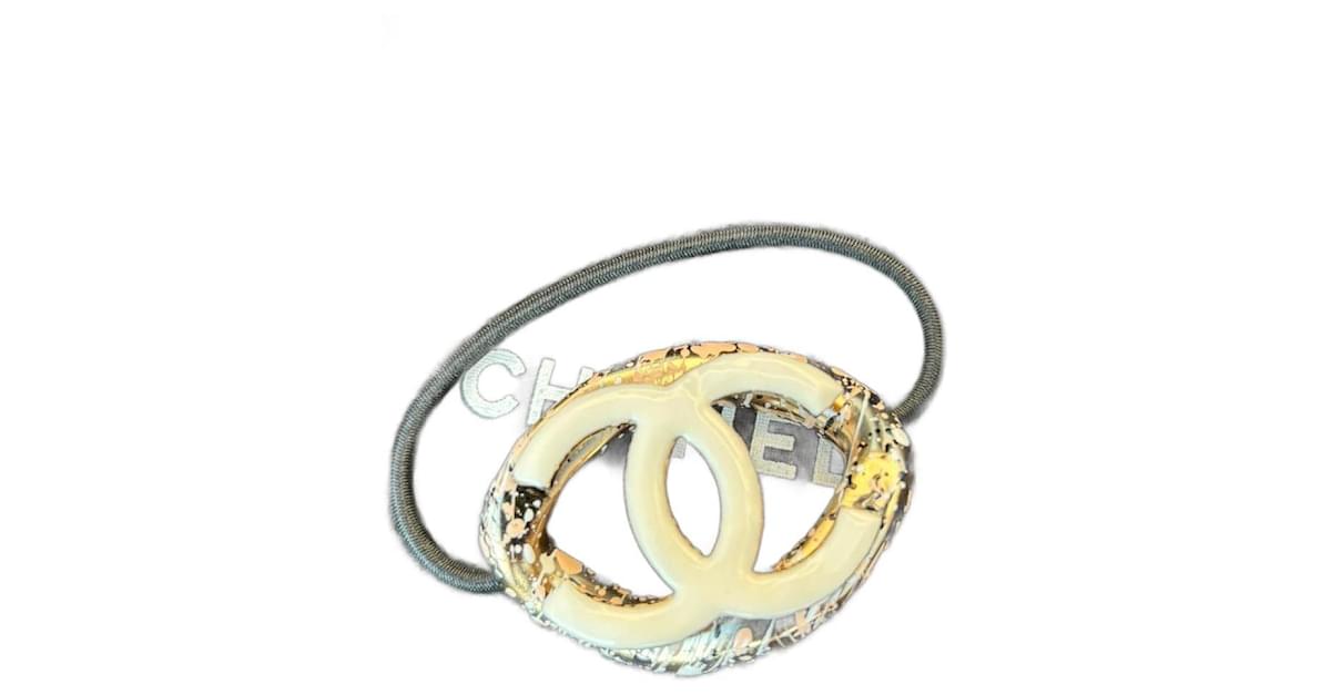 CHANEL ELASTIC HAIR HEADBAND, CC LOOP Eggshell Steel ref