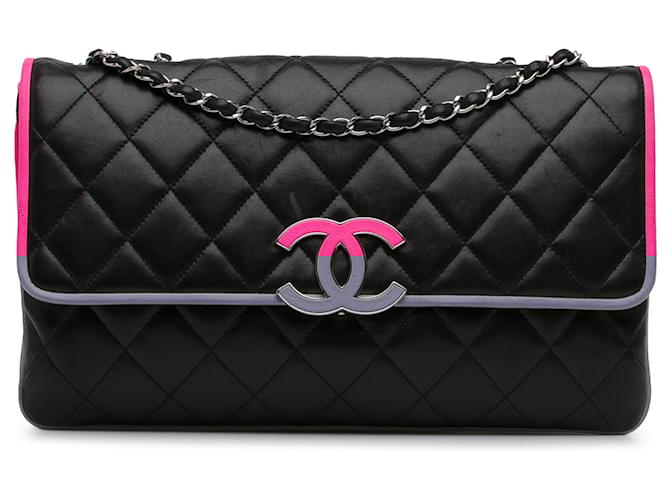 Chanel Black Large Lambskin Divine Flap Pink Leather ref.1336108