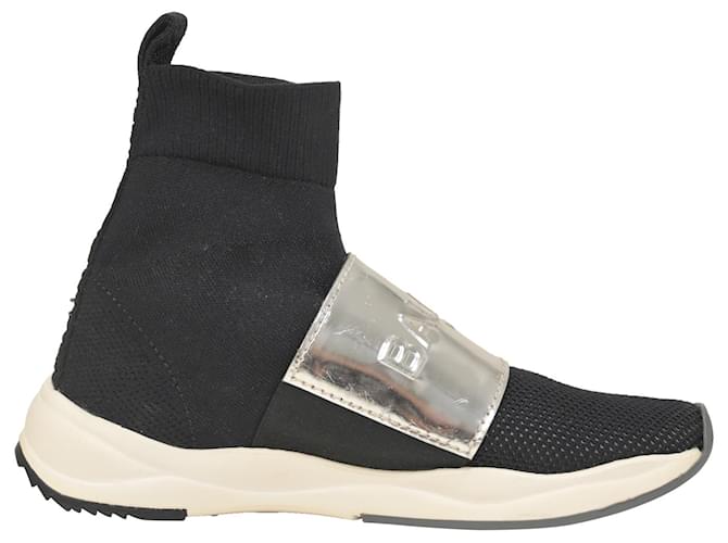 Balmain Cameron Embossed Logo High Top Sneakers in Black Stretch