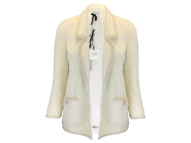 Edward Achour Ivory Pearl Embellished Boucle Tweed Jacket Cream