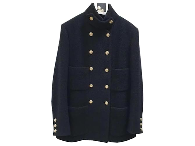 Chanel Double Breasted CC Buttons Wool Coat Black