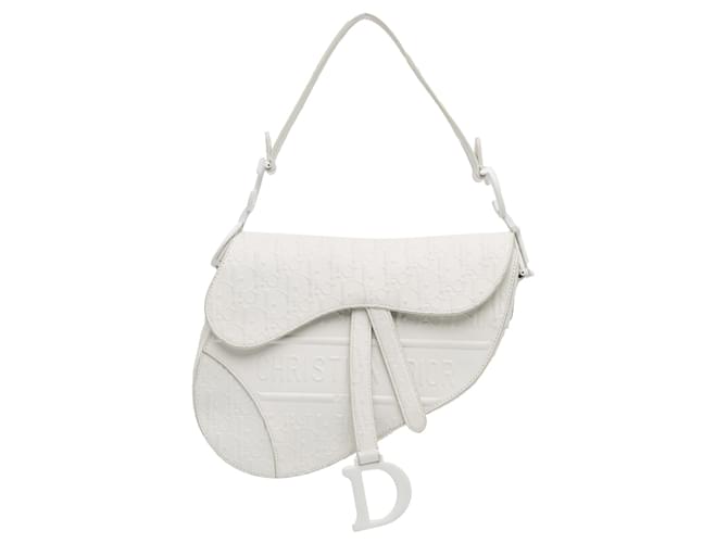 Dior White Embossed Leather Oblique Saddle Bag Pony-style calfskin