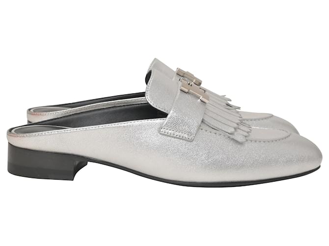 最終HERMES リヴォリ　ミュール Hermès Rivoli Mules in Silver Leather Silvery Metallic ref.1381399