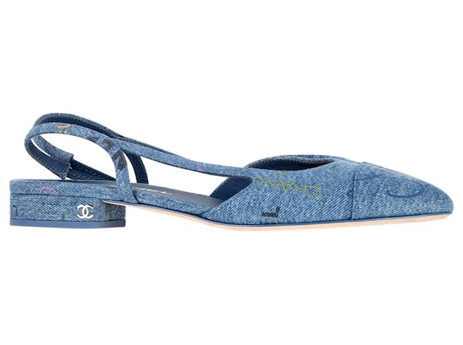 Timeless Chanel Slingback Cap Toe Flats in Blue Denim