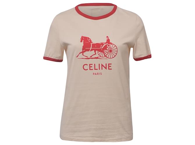 Céline Celine Logo Short Sleeve T-Shirt in Cream and Red