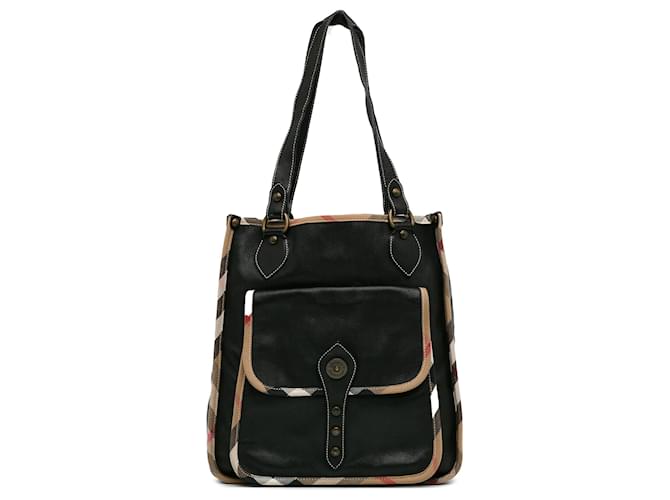 Burberry Black Nova Check Trimmed Leather Tote Pony-style calfskin ref ...