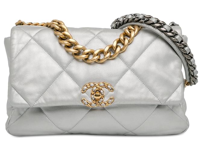 Silver Chanel Large Metallic Lambskin 19 Flap Satchel Silvery