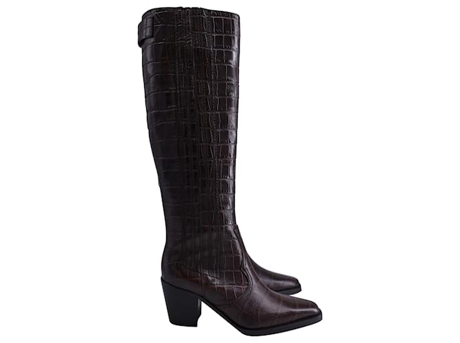 Ganni Western Knee High Boots in brown Croc-Effect Leather ref