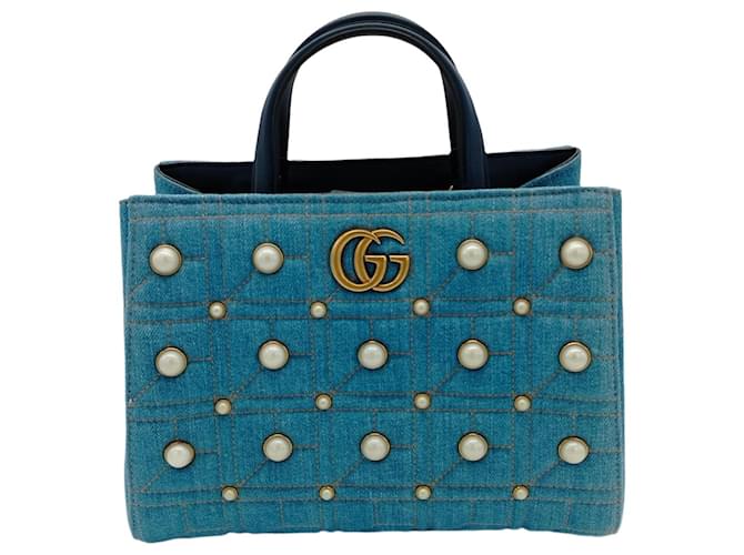Gucci Marmont Denim Pearl Tote Bag Blue Leather Joli