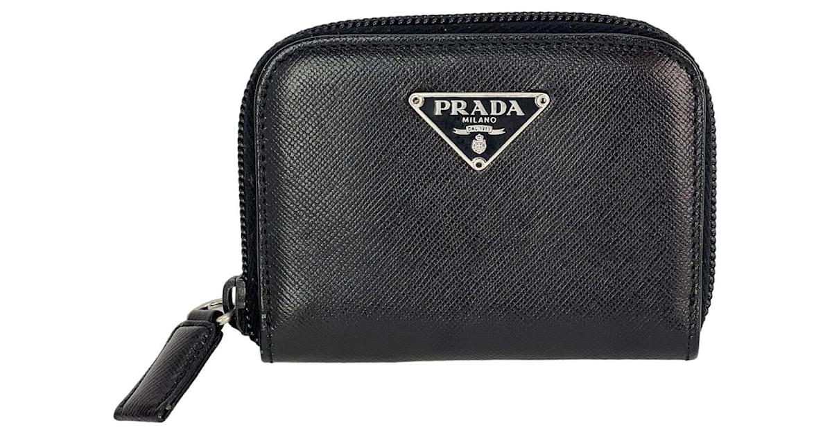Prada Black Saffiano Leather Triangle Compact Zip Around