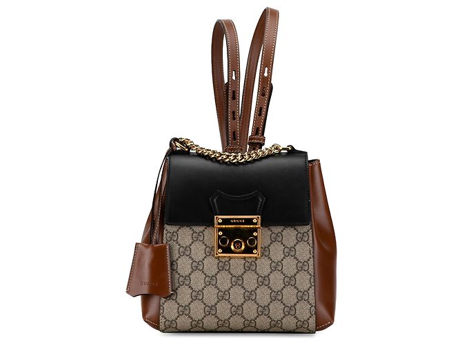 Gucci Brown GG Supreme Padlock Backpack Beige Leather Cloth  display picture 3