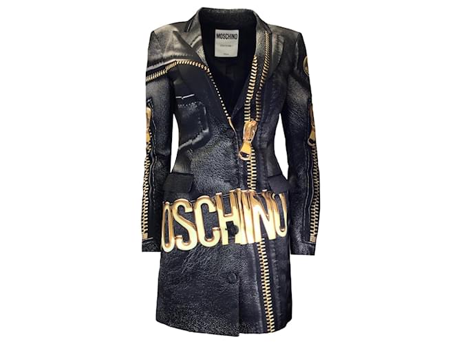 Moschino Black / Gold Zipper Logo Print Satin Blazer Dress