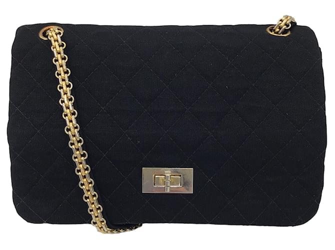 Chanel Vintage Black / Gold Chain Strap Quilted Jersey Flap Bag
