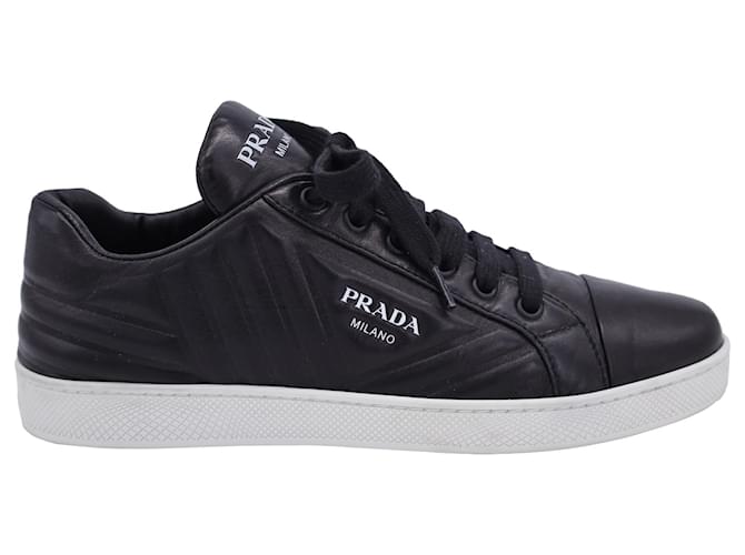 Prada Diagramme Quilted Logo Low Top Sneakers in Black Leather