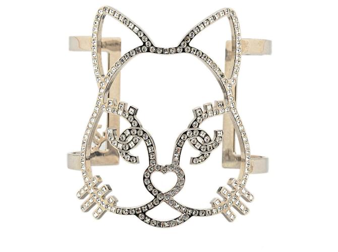 Silver Chanel Choupette Cat Emoji Crystal Cuff Bracelet Silvery