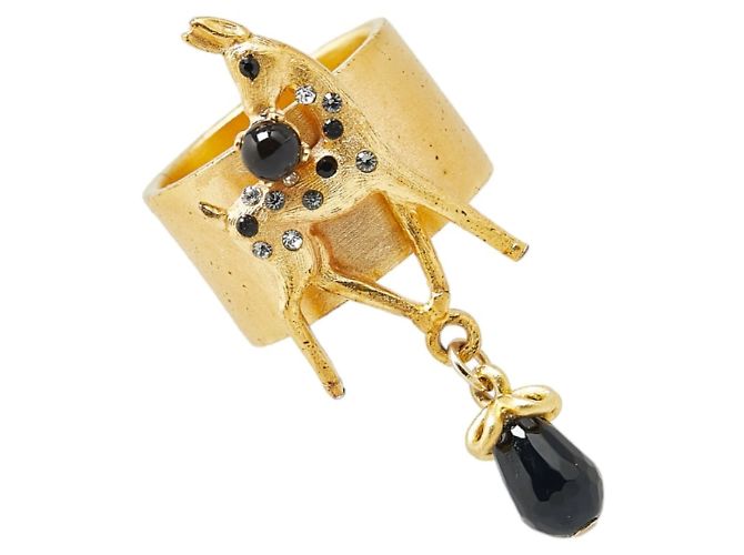 Chanel Rhinestone Deer Bambi Motif Ring Black Golden Gold-plated ref ...