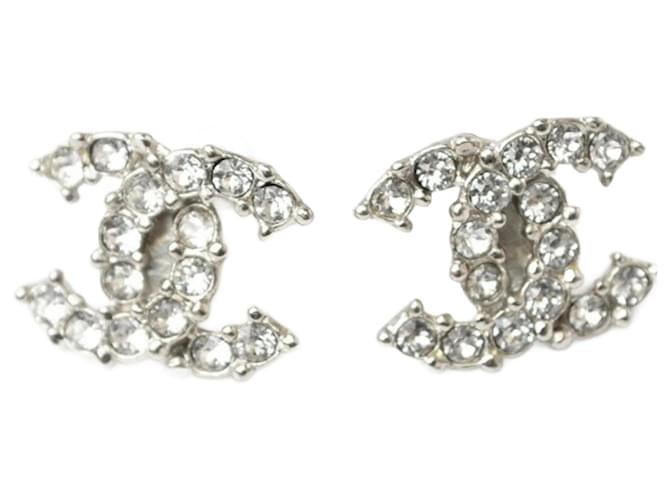Chanel Rhinestone Stud Earrings Silvery Metal Joli
