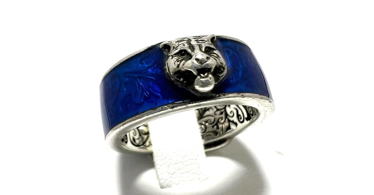 Bague Jardin Tete de Tigre GUCCI pour Homme Argent Email Bleu ref.1463002 Joli Closet