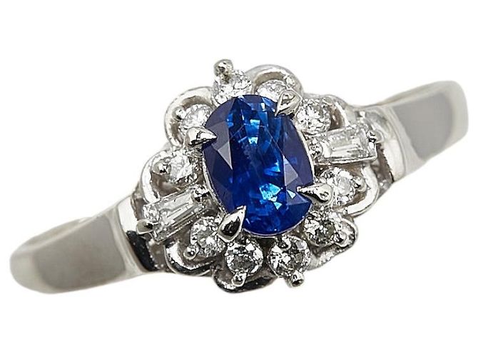 Bague En Platine 900 Avec Saphir Et Diamants - Taille US 9 (Taille 18) - Occasion