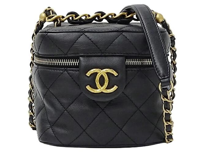 Chanel Matelasse Women's Shoulder Vanity Bag Black Leather