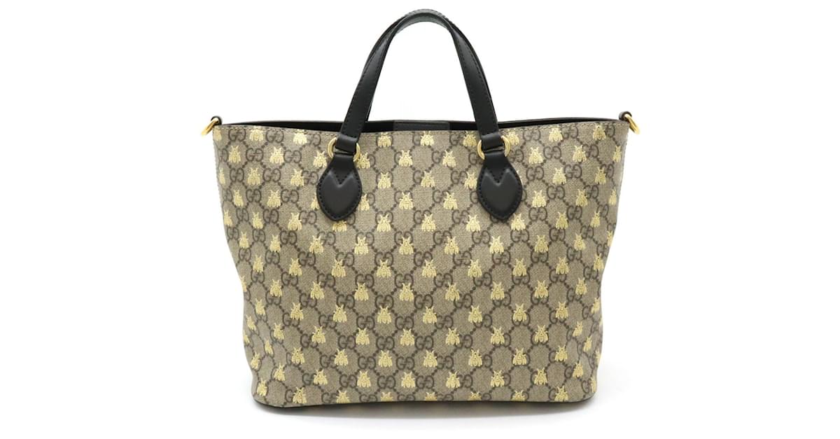 Gucci GG Supreme Bee Tote Bag Black Beige Golden Leather Plastic ref.1483067 Joli Closet