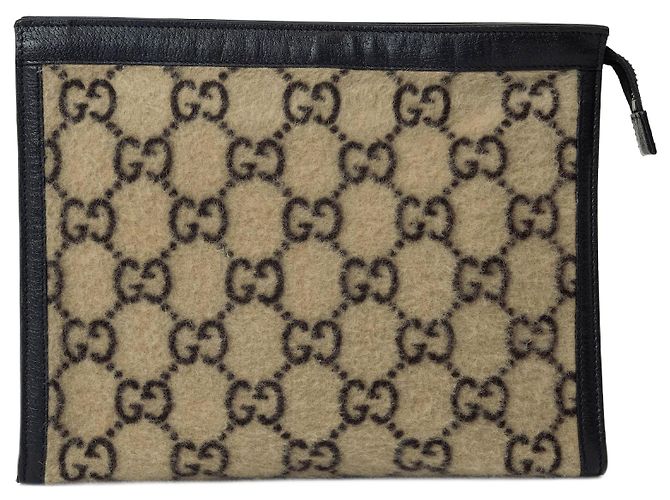 Gucci GG Pattern Pouch Beige x Black GUCCI Leather-Trimmed Monogrammed Coated-Canvas Pouch for  main image 4