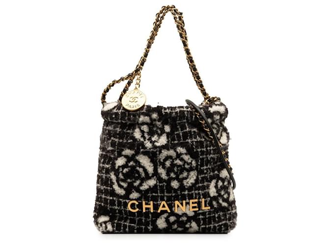 Chanel Camellia Coco Mark Chain Tote Bag Black White Cotton ref
