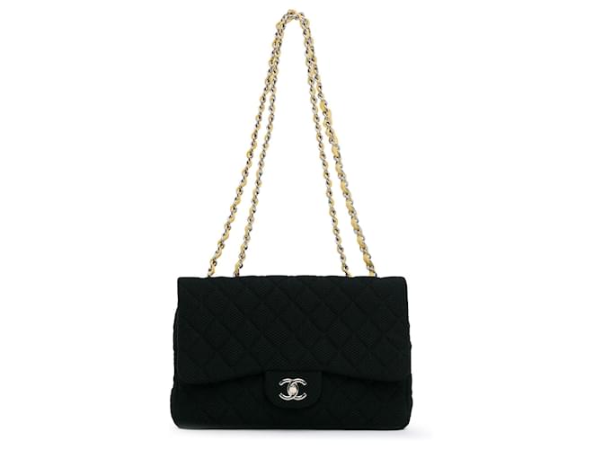 Black Chanel Jumbo Classic Jersey Single Flap Shoulder Bag Cloth