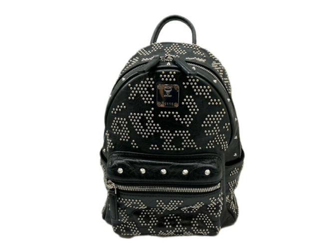 MCM Small Black Studded Plate Leather Backpack Silvery ref  display picture 1