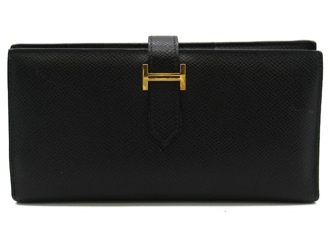 Portefeuille Long Bifold HERMES Bearn Classic - Cuir De Veau Box Noir/doré - Réf. H30239f - Occasion Très Bon état (France)