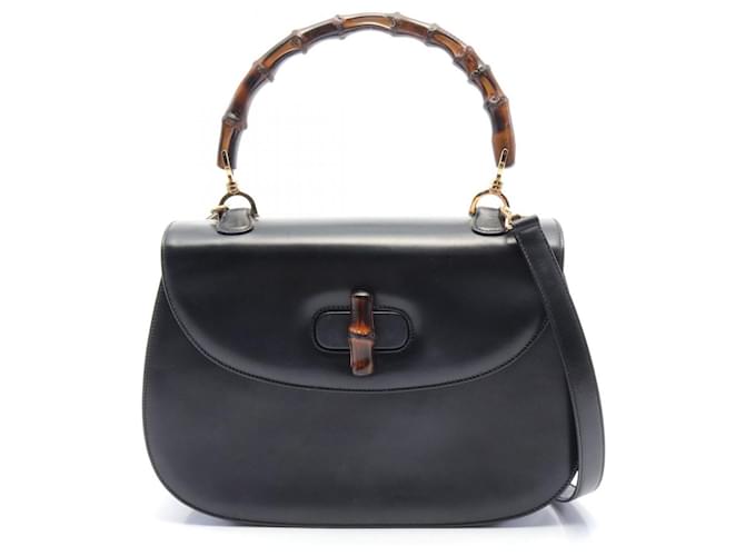 GUCCI Bamboo Nim Fair leather Gold Metal Pearl Handbag 2WAY Shoulder 453766 black