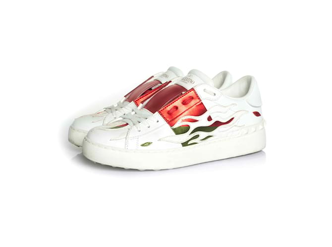 Valentino Garavani, Calfskin flame rockstud open sneakers White