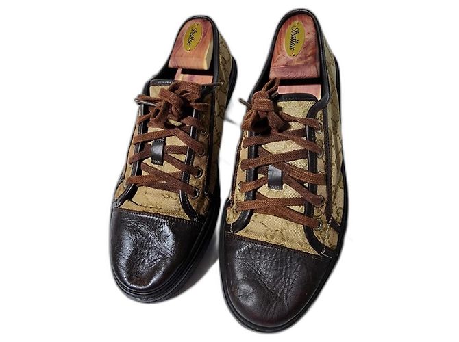 Gucci Leather And Monogram Canvas Lace Up Sneakers Brown  display picture 2