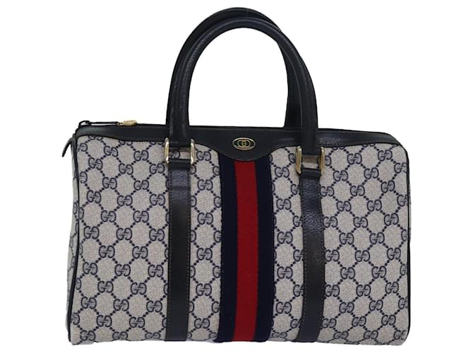 GUCCI GG Supreme Sherry Line Boston Bag PVC Leather Navy Red Auth
