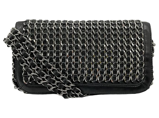Chanel 2004-2005 Black / Silver Triple Chain Shoulder Bag Leather