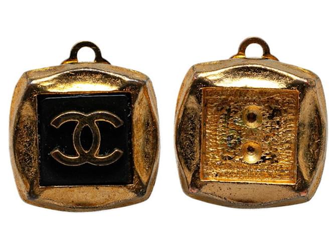 Chanel Coco Mark Clip Earrings Black Golden Gold-plated ref