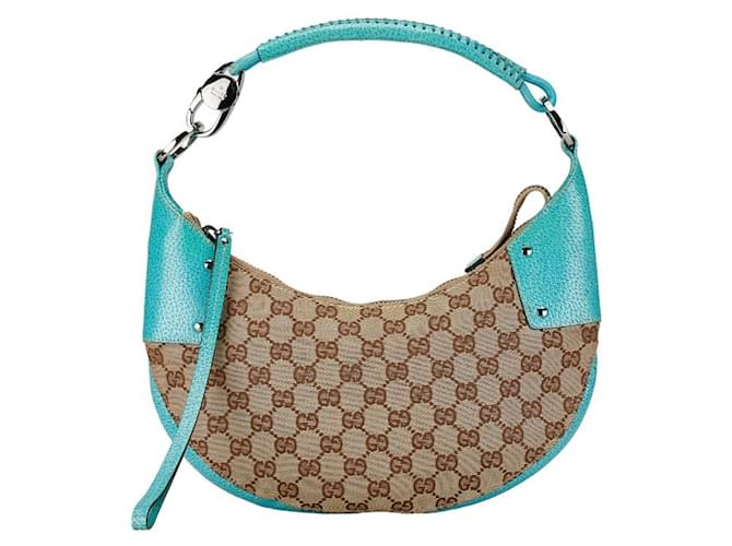 Gucci GG Canvas Half Moon Shoulder Bag Beige Turquoise Leather