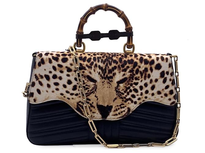 Gucci Black Leather Leopard Print Calf Hair Bamboo Top Handle Bag