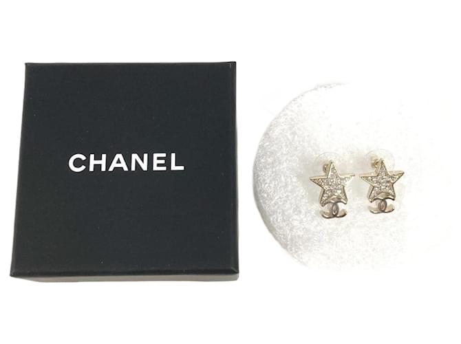 Chanel B23 CC Coco Mark Star Rhinestone Earrings Golden Metal ref