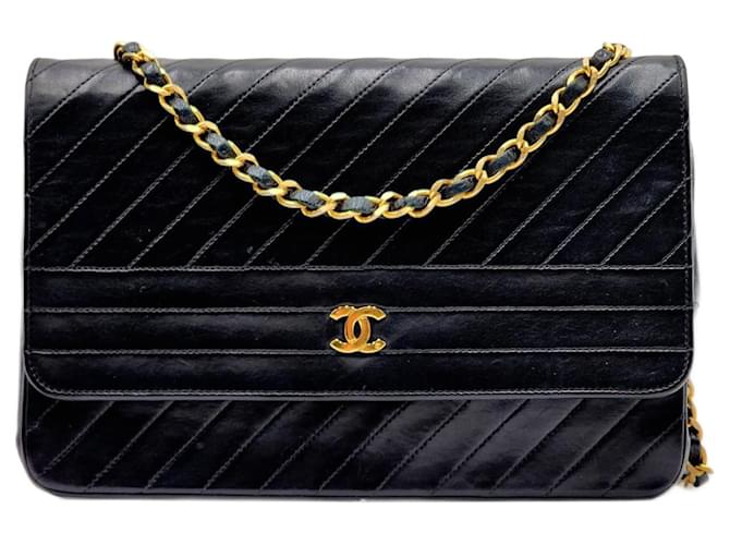 CHANEL① Chanel Timeless Classic Diagonal Quilted Single Flap Black Leather