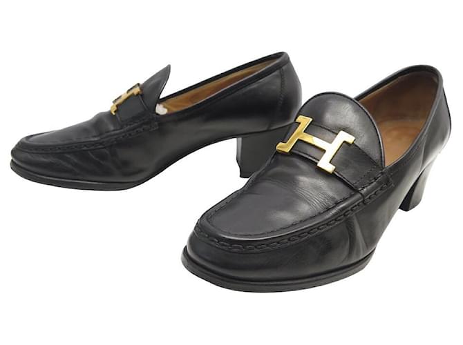 Hermès HERMES SHOES HEEL LOAFERS BUCKLE H 37.5 BLACK LEATHER ref