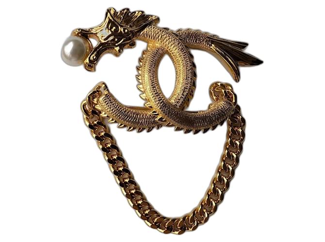 Chanel CC G24C GHW Dragon Logo Pearl Brooch Chinese Lunar