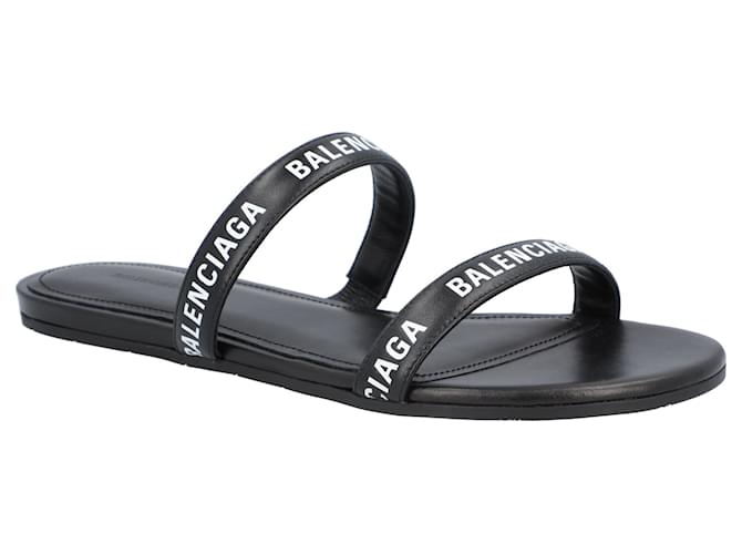 Balenciaga Round Flat Leather Sandals Black Pony-style